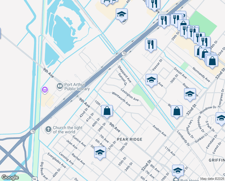 map of restaurants, bars, coffee shops, grocery stores, and more near 4141 Lexington Avenue in Port Arthur