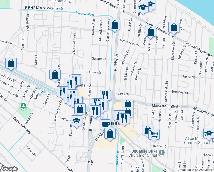 map of restaurants, bars, coffee shops, grocery stores, and more near 2674 Gen Collins Avenue in New Orleans