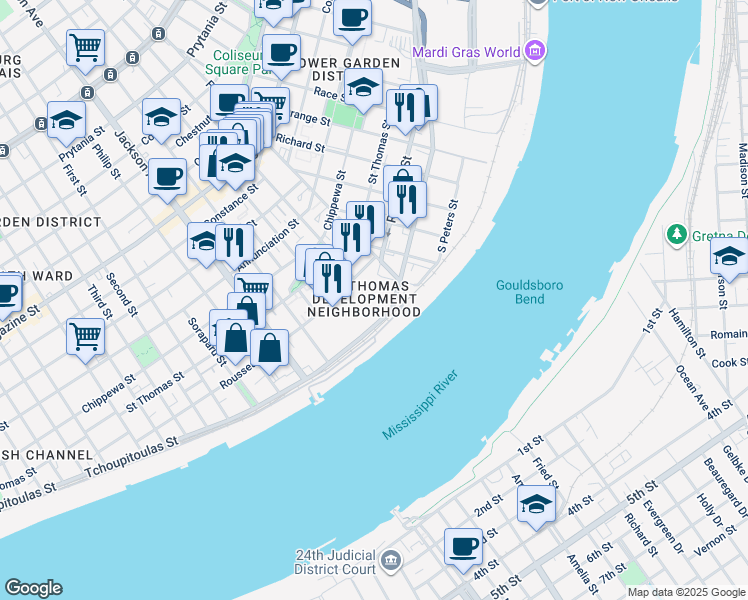 map of restaurants, bars, coffee shops, grocery stores, and more near 469 Saint Mary Street in New Orleans