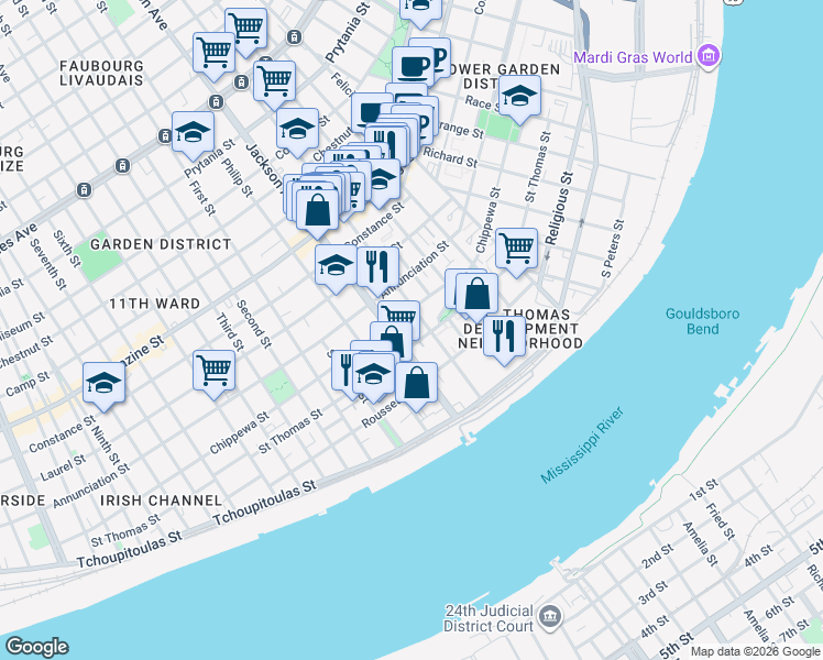 map of restaurants, bars, coffee shops, grocery stores, and more near 2125 Chippewa Street in New Orleans