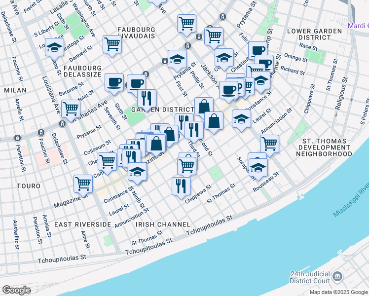 map of restaurants, bars, coffee shops, grocery stores, and more near 1021 Fourth Street in New Orleans