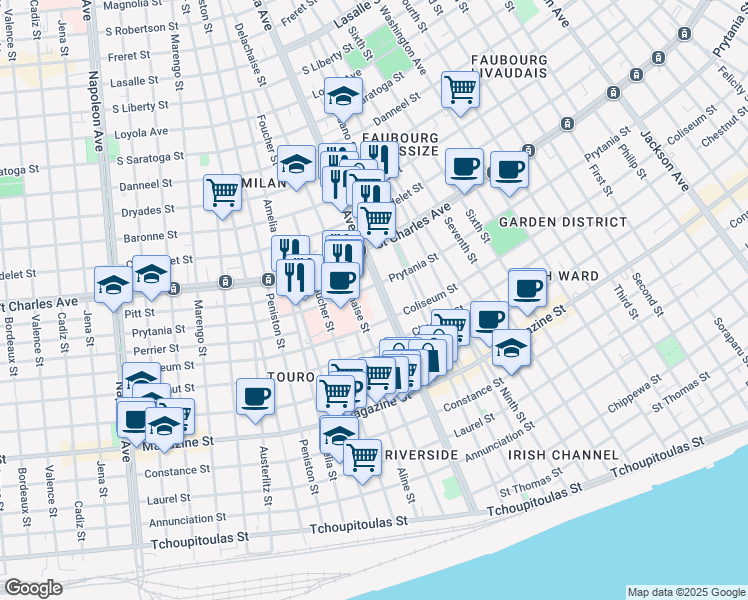 map of restaurants, bars, coffee shops, grocery stores, and more near 3434 Prytania Street in New Orleans