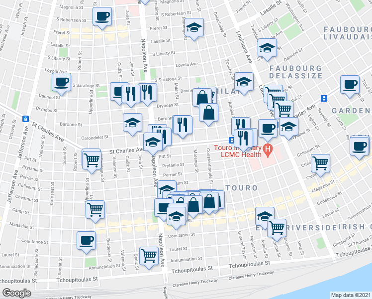 map of restaurants, bars, coffee shops, grocery stores, and more near 4114 Saint Charles Avenue in New Orleans