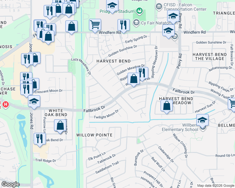 map of restaurants, bars, coffee shops, grocery stores, and more near 10311 Waving Fields Drive in Houston