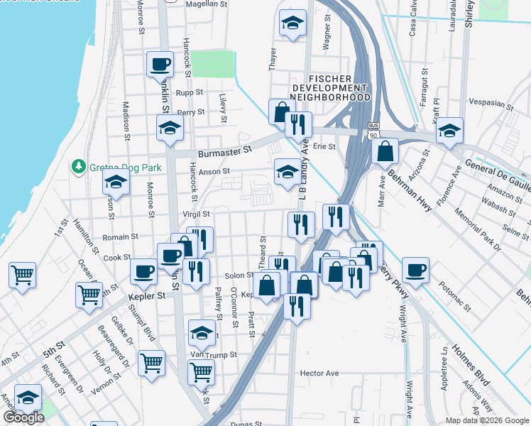 map of restaurants, bars, coffee shops, grocery stores, and more near 1318 Virgil Street in Gretna