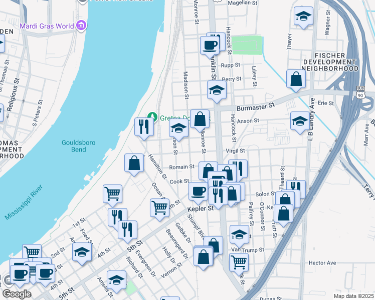map of restaurants, bars, coffee shops, grocery stores, and more near 535 Virgil Street in Gretna