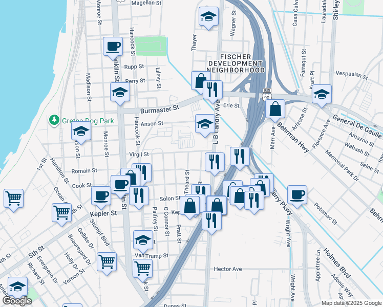 map of restaurants, bars, coffee shops, grocery stores, and more near 1318 Virgil Street in Gretna