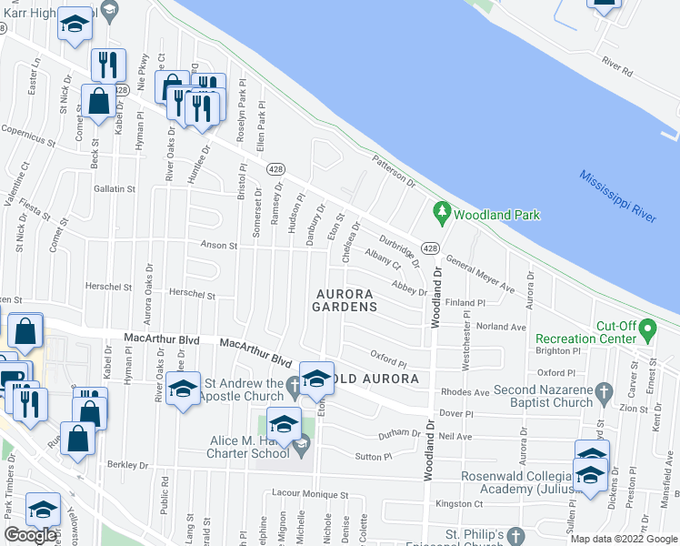 map of restaurants, bars, coffee shops, grocery stores, and more near 2701 Chelsea Drive in New Orleans