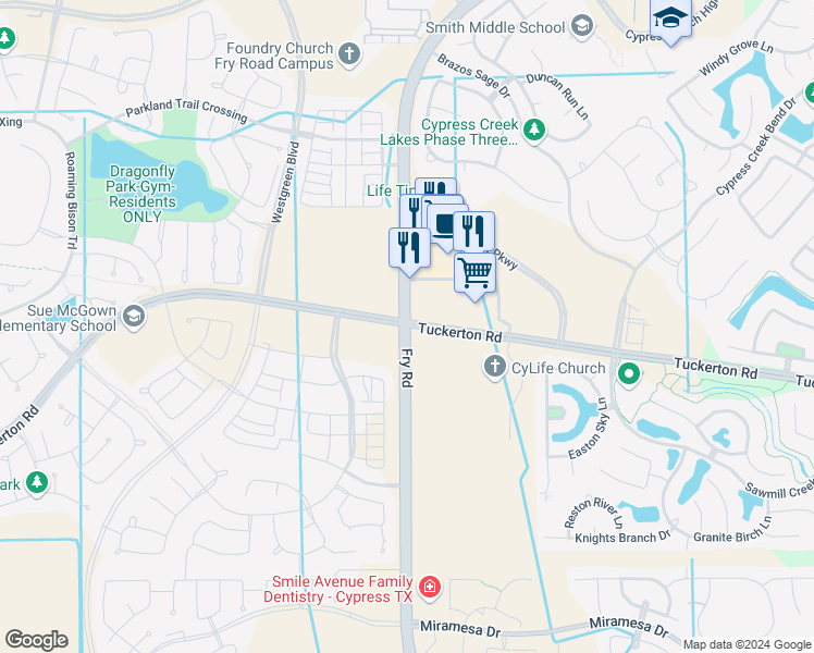 map of restaurants, bars, coffee shops, grocery stores, and more near Fry Road in Cypress