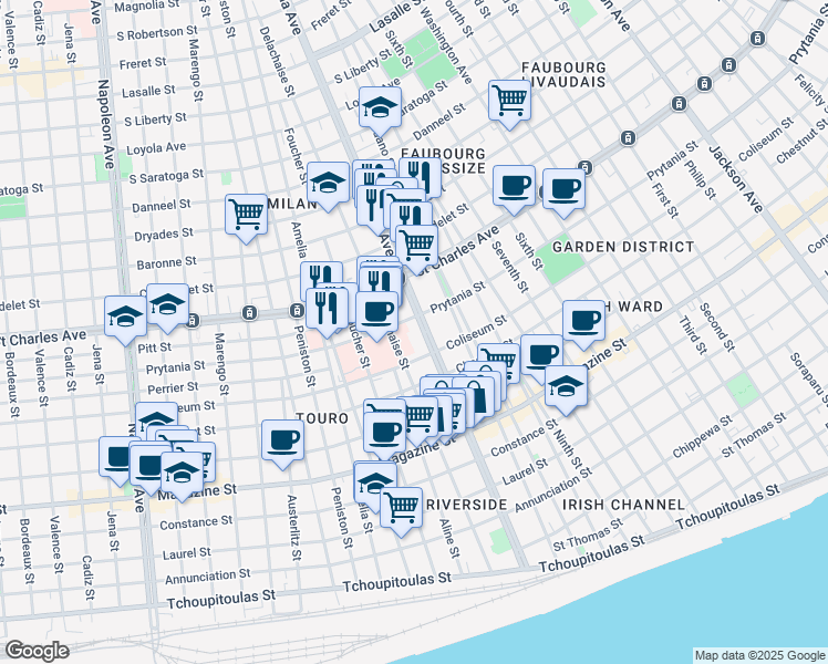 map of restaurants, bars, coffee shops, grocery stores, and more near 3434 Prytania Street in New Orleans