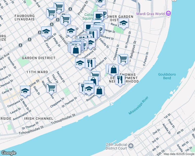map of restaurants, bars, coffee shops, grocery stores, and more near 2125 Chippewa Street in New Orleans
