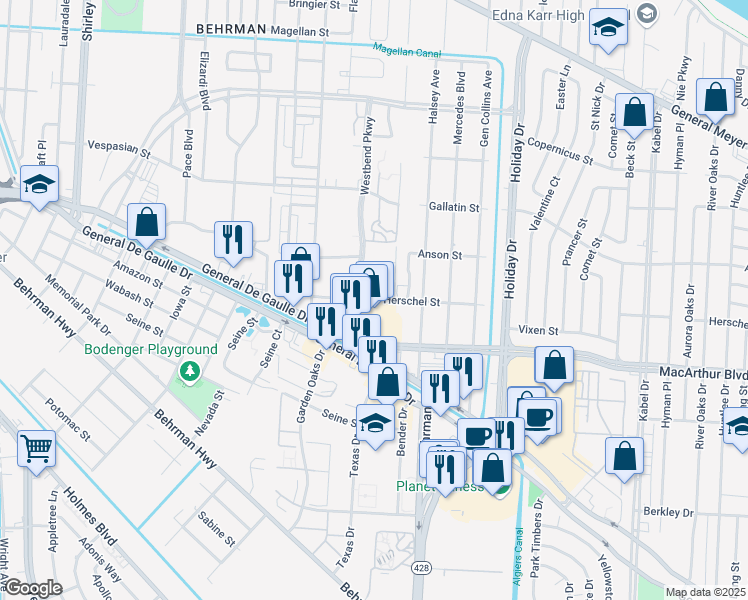 map of restaurants, bars, coffee shops, grocery stores, and more near 2792 Westbend Parkway in New Orleans