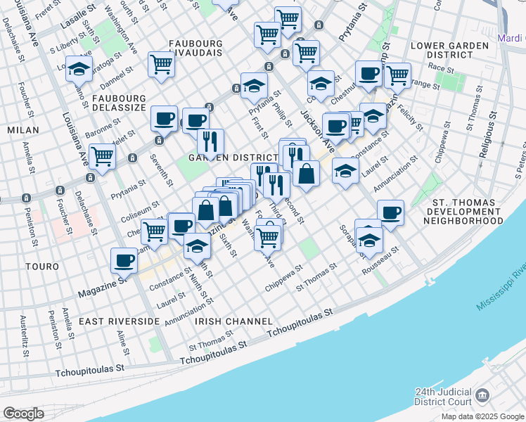 map of restaurants, bars, coffee shops, grocery stores, and more near 1021 Fourth Street in New Orleans