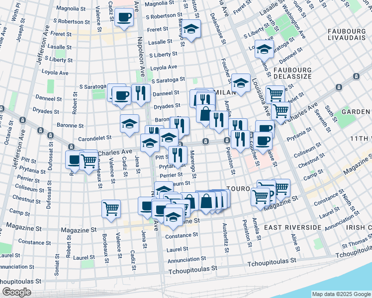 map of restaurants, bars, coffee shops, grocery stores, and more near 4114 Saint Charles Avenue in New Orleans