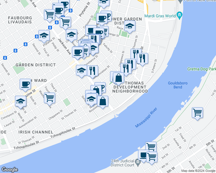map of restaurants, bars, coffee shops, grocery stores, and more near 2060 Saint Thomas Street in New Orleans
