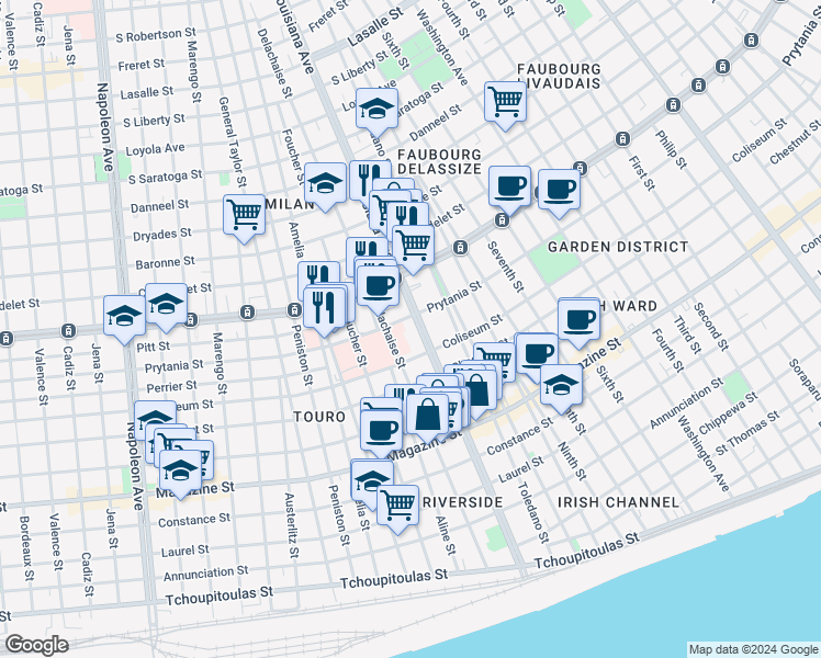 map of restaurants, bars, coffee shops, grocery stores, and more near 3434 Prytania Street in New Orleans