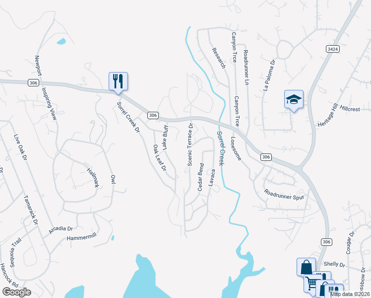map of restaurants, bars, coffee shops, grocery stores, and more near 302 Scenic Terrace Drive in Canyon Lake