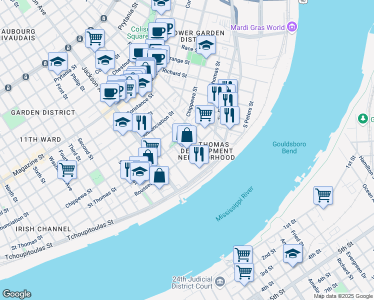 map of restaurants, bars, coffee shops, grocery stores, and more near 502 Saint Andrew Street in New Orleans