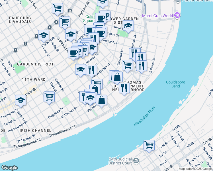 map of restaurants, bars, coffee shops, grocery stores, and more near 2060 Saint Thomas Street in New Orleans