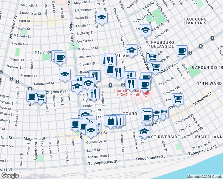 map of restaurants, bars, coffee shops, grocery stores, and more near 3932 St Charles Ave in New Orleans
