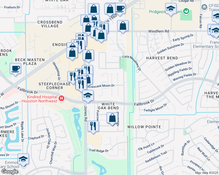 map of restaurants, bars, coffee shops, grocery stores, and more near 10643 Buffalo Bend Drive in Houston