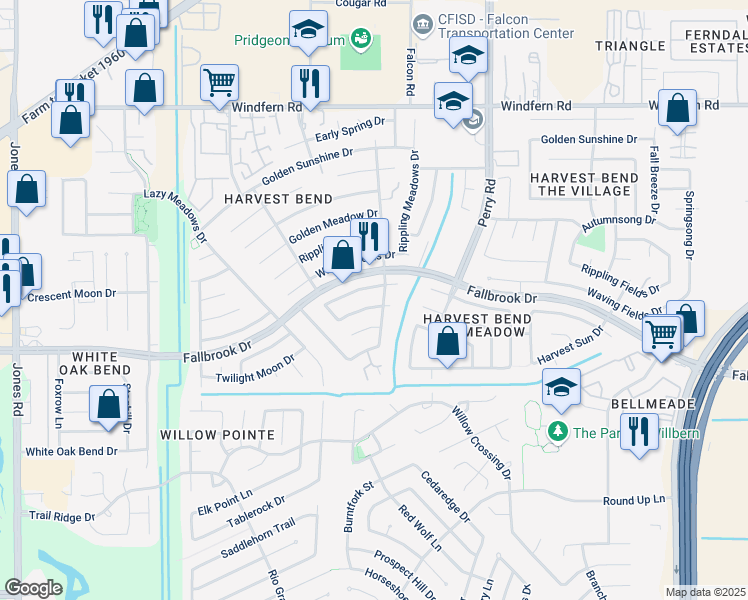 map of restaurants, bars, coffee shops, grocery stores, and more near 9906 Twilight Moon Drive in Houston