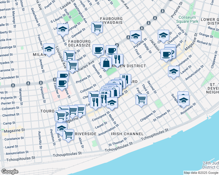 map of restaurants, bars, coffee shops, grocery stores, and more near 1227 Seventh Street in New Orleans