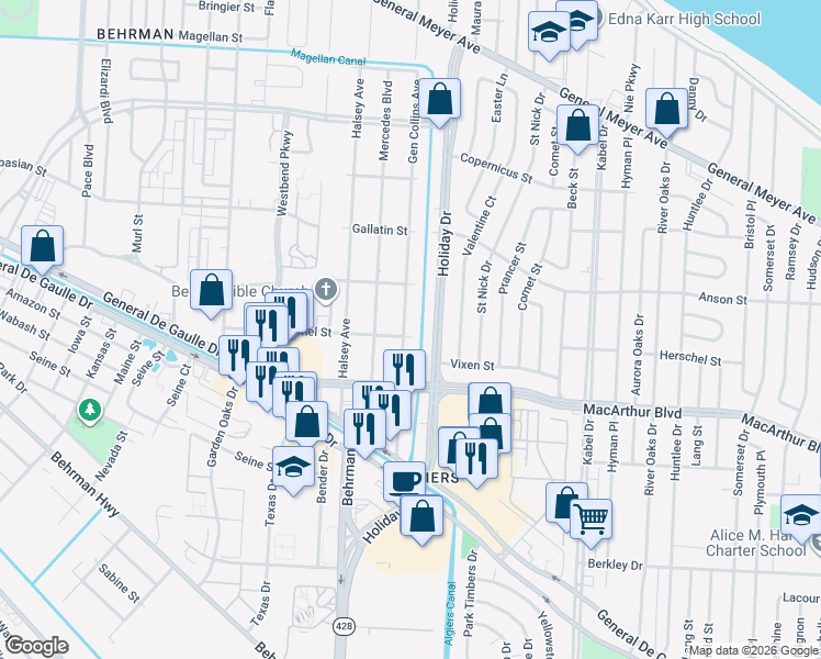 map of restaurants, bars, coffee shops, grocery stores, and more near 2674 Gen Collins Avenue in New Orleans