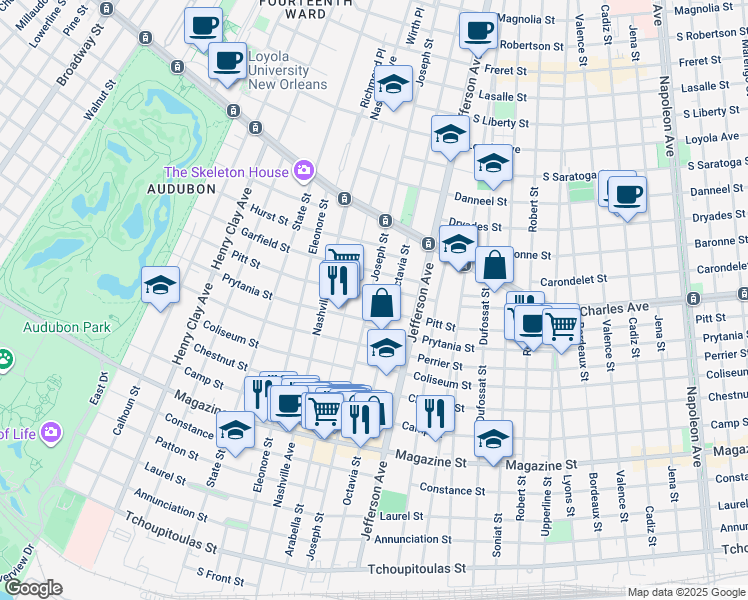 map of restaurants, bars, coffee shops, grocery stores, and more near 1333 Joseph Street in New Orleans