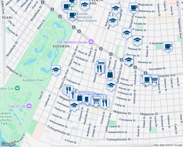 map of restaurants, bars, coffee shops, grocery stores, and more near 6301 Eleonore St in New Orleans