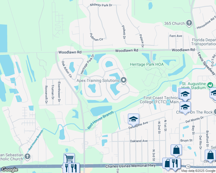 map of restaurants, bars, coffee shops, grocery stores, and more near 640 East Red House Branch Road in St. Augustine