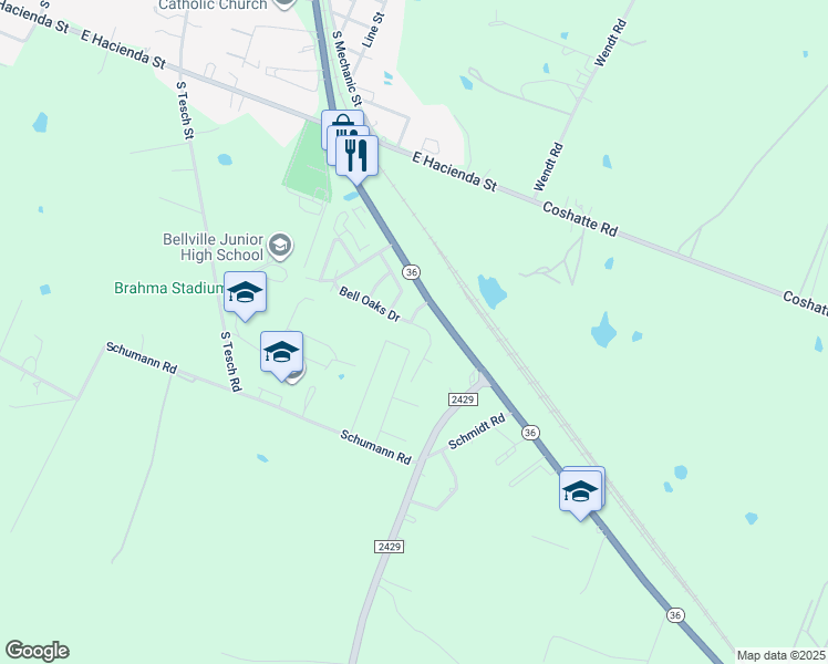 map of restaurants, bars, coffee shops, grocery stores, and more near 1500 Bell Oaks Drive in Bellville