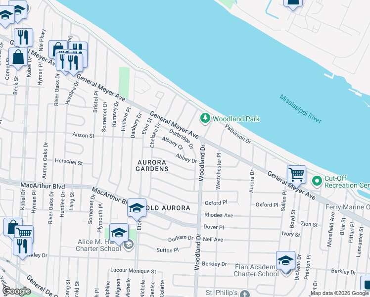 map of restaurants, bars, coffee shops, grocery stores, and more near 5830 Albany Court in New Orleans