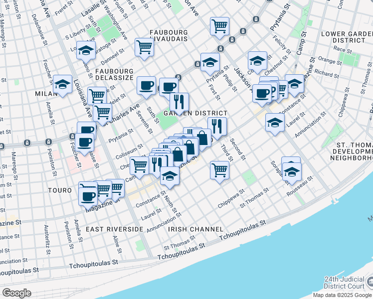map of restaurants, bars, coffee shops, grocery stores, and more near 2848 Camp Street in New Orleans