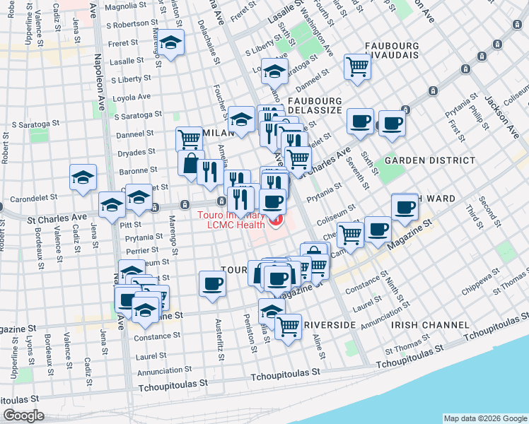 map of restaurants, bars, coffee shops, grocery stores, and more near 3527 Prytania Street in New Orleans
