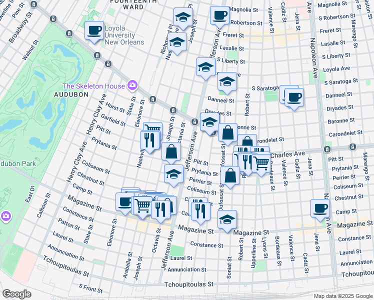 map of restaurants, bars, coffee shops, grocery stores, and more near 1530 Jefferson Avenue in New Orleans