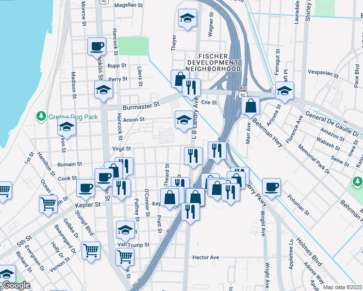 map of restaurants, bars, coffee shops, grocery stores, and more near 1318 Virgil Street in Gretna