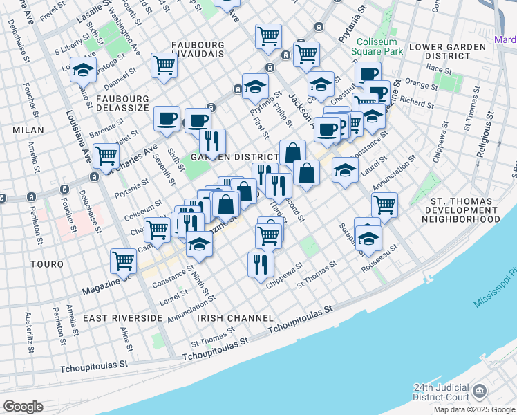 map of restaurants, bars, coffee shops, grocery stores, and more near 1021 Fourth Street in New Orleans