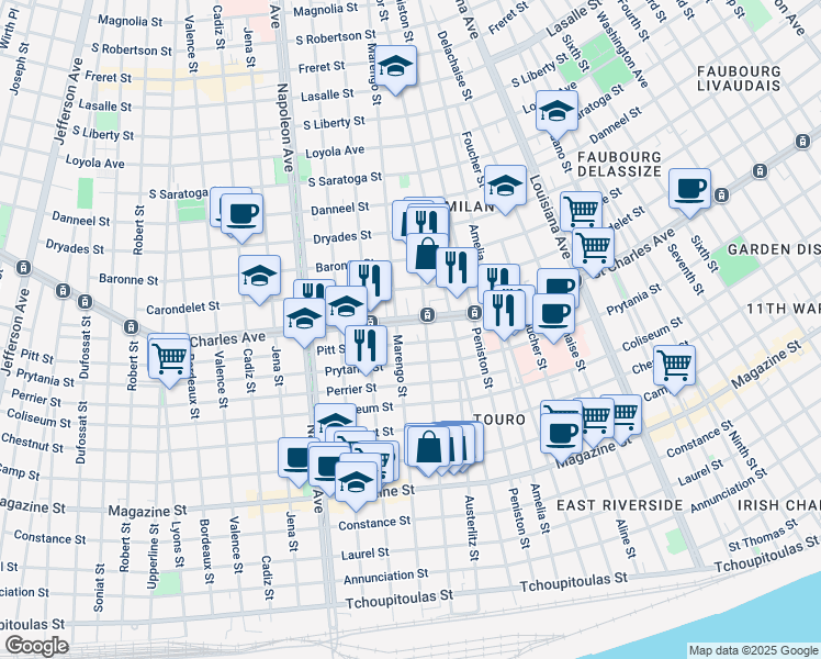 map of restaurants, bars, coffee shops, grocery stores, and more near 4002 Saint Charles Avenue in New Orleans