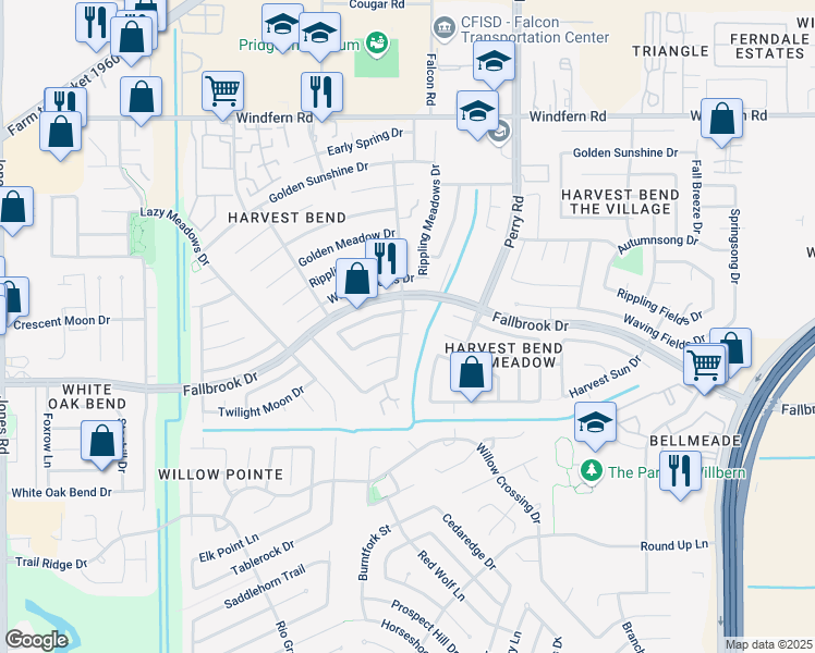 map of restaurants, bars, coffee shops, grocery stores, and more near 9906 Twilight Moon Drive in Houston