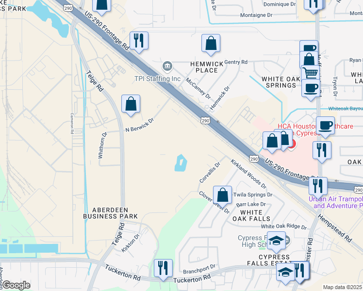 map of restaurants, bars, coffee shops, grocery stores, and more near 21613 Northwest Freeway in Cypress