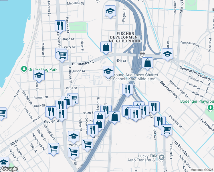 map of restaurants, bars, coffee shops, grocery stores, and more near 1407 Virgil Street in Gretna
