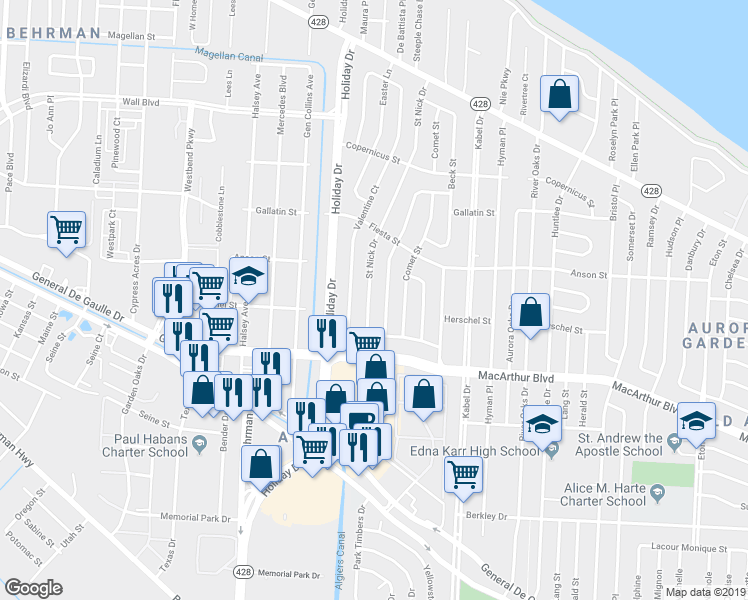 map of restaurants, bars, coffee shops, grocery stores, and more near 2634 Saint Nick Drive in New Orleans