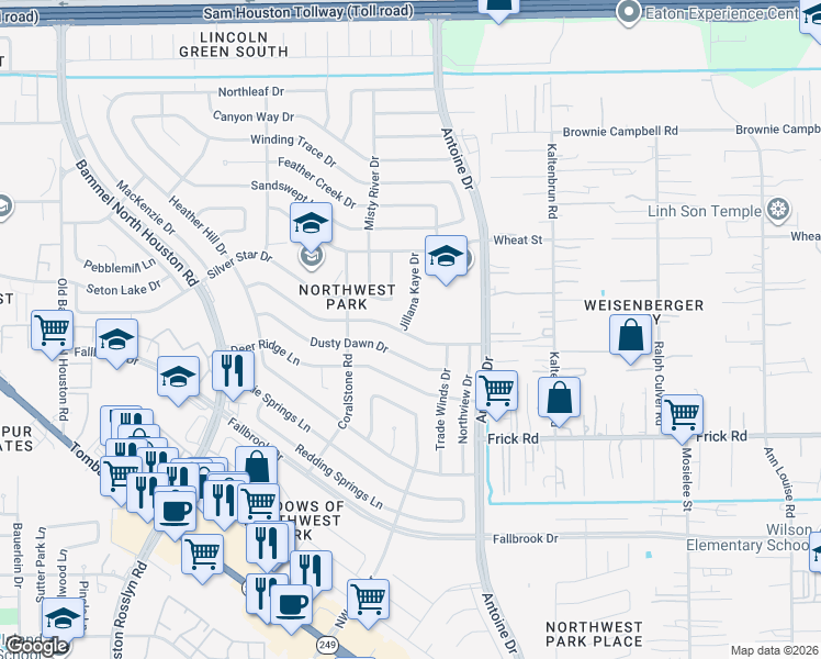 map of restaurants, bars, coffee shops, grocery stores, and more near 10302 Jillana Kaye Drive in Houston