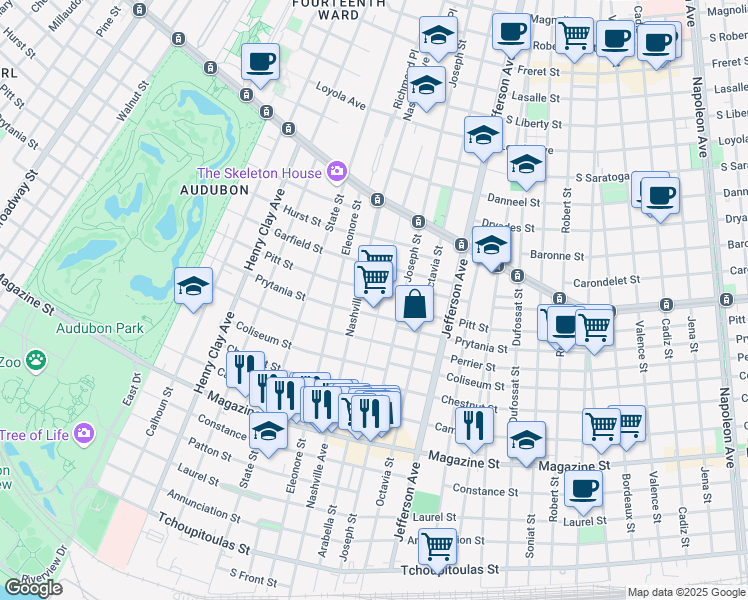 map of restaurants, bars, coffee shops, grocery stores, and more near 1324 Arabella St in New Orleans