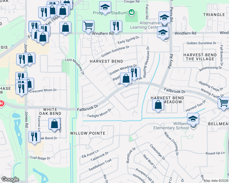 map of restaurants, bars, coffee shops, grocery stores, and more near 10308 Fallbrook Drive in Houston