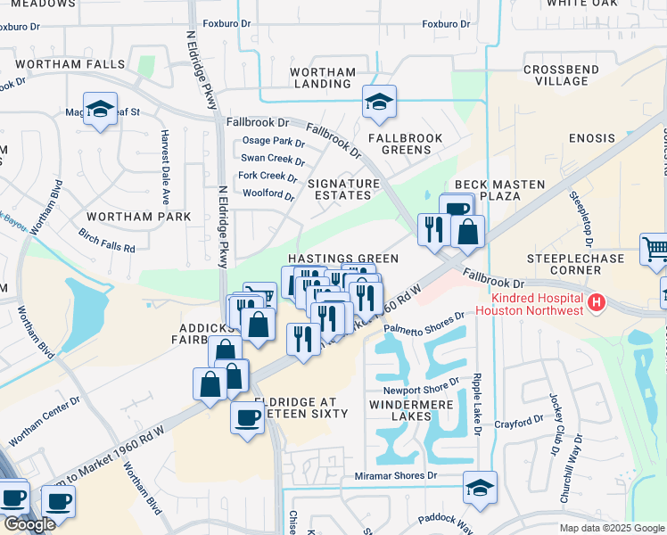 map of restaurants, bars, coffee shops, grocery stores, and more near 11810 Hammond Drive in Houston