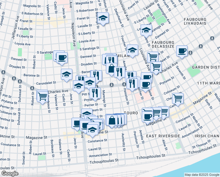 map of restaurants, bars, coffee shops, grocery stores, and more near 4002 Saint Charles Avenue in New Orleans