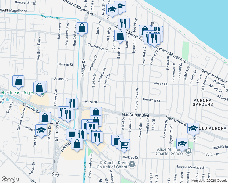map of restaurants, bars, coffee shops, grocery stores, and more near 2653 Cupid Street in New Orleans