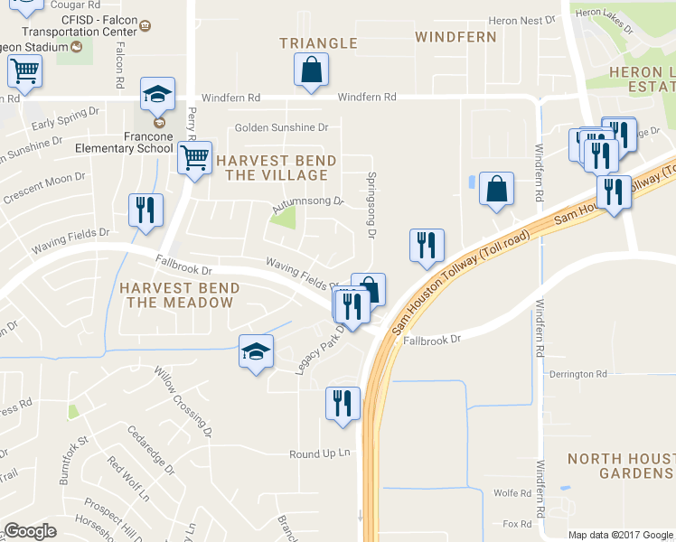 map of restaurants, bars, coffee shops, grocery stores, and more near 9023 Rippling Fields Drive in Houston